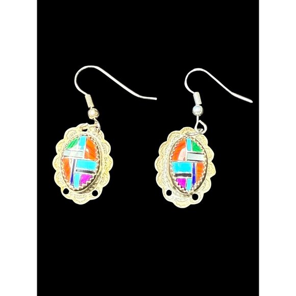 Dee Morris Jewelry - Vtg Sterling Silver Navajo by Dee Morris Multicolor Mosaic Hook Earrings SIGNED